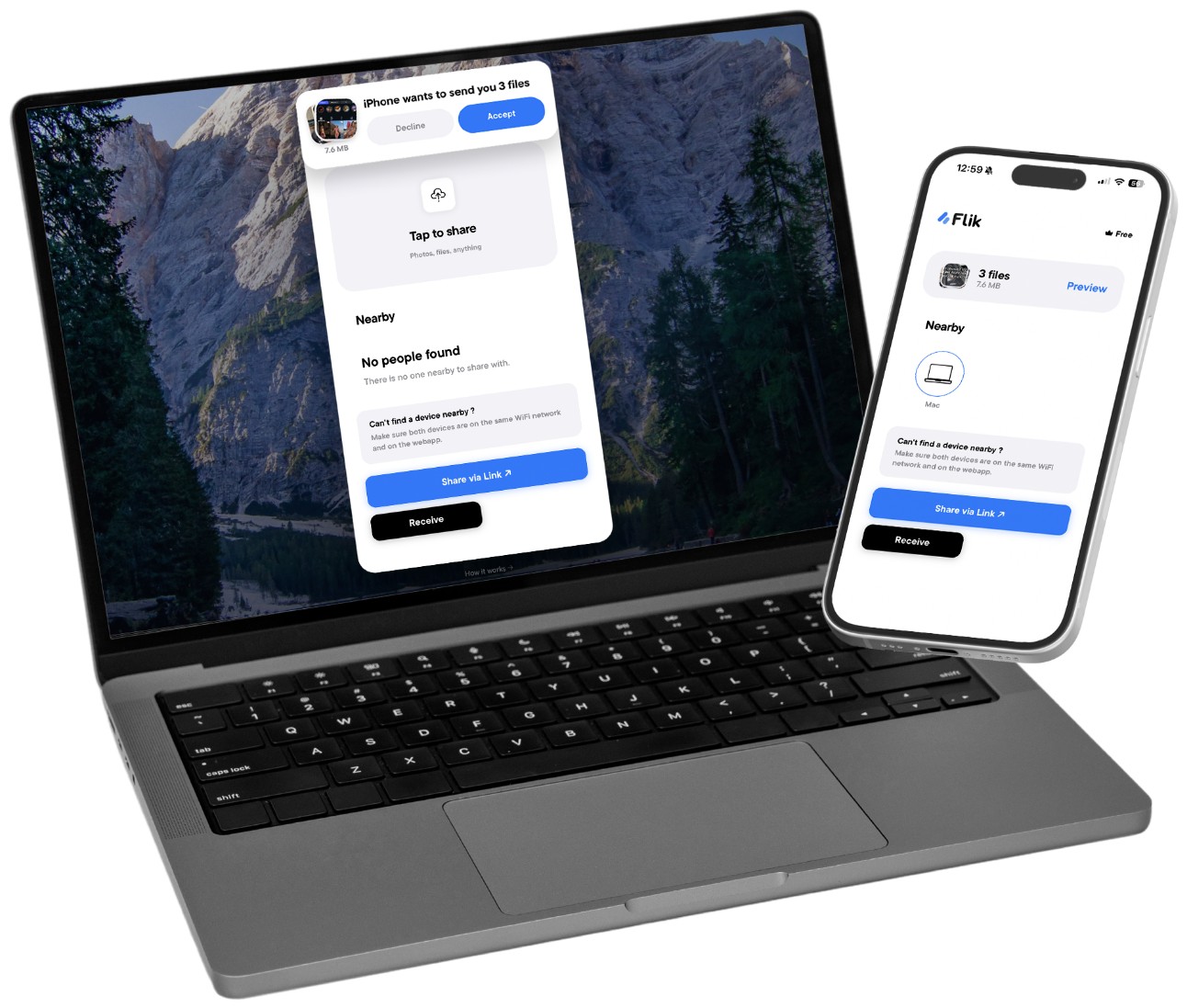 Flik ouvert sur un MacBook et un iPhone, prêt à envoyer 3 fichiers